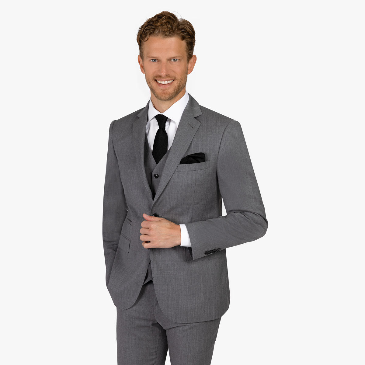Mann im eleganten grauen Anzug.