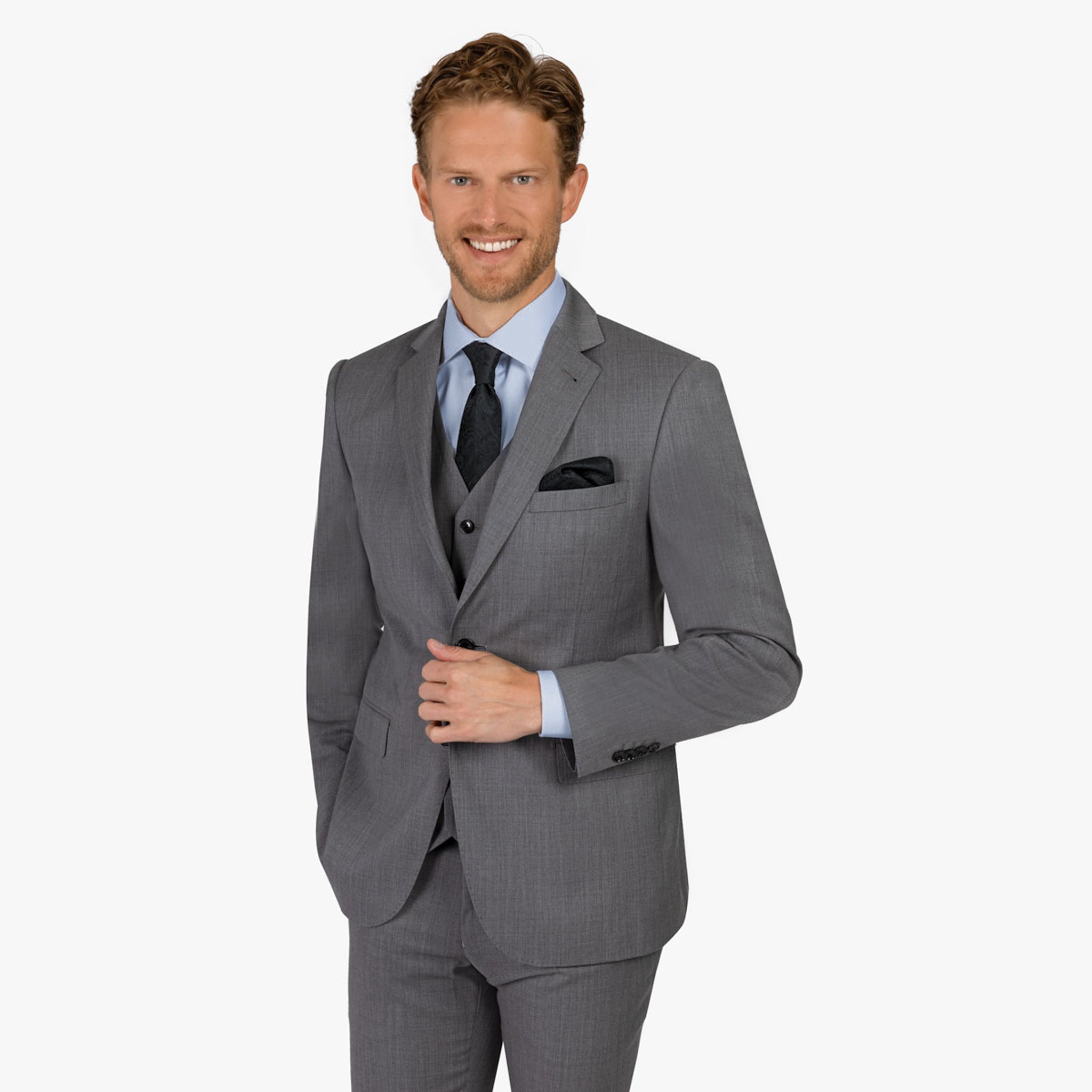 Mann im eleganten grauen Anzug.