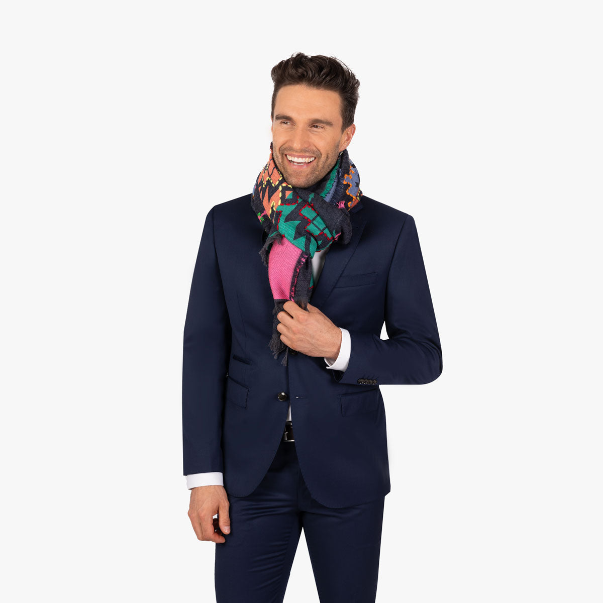 Schal in Dunkelblau mit bunten geometrischen Formen diverse Farben Bild 1