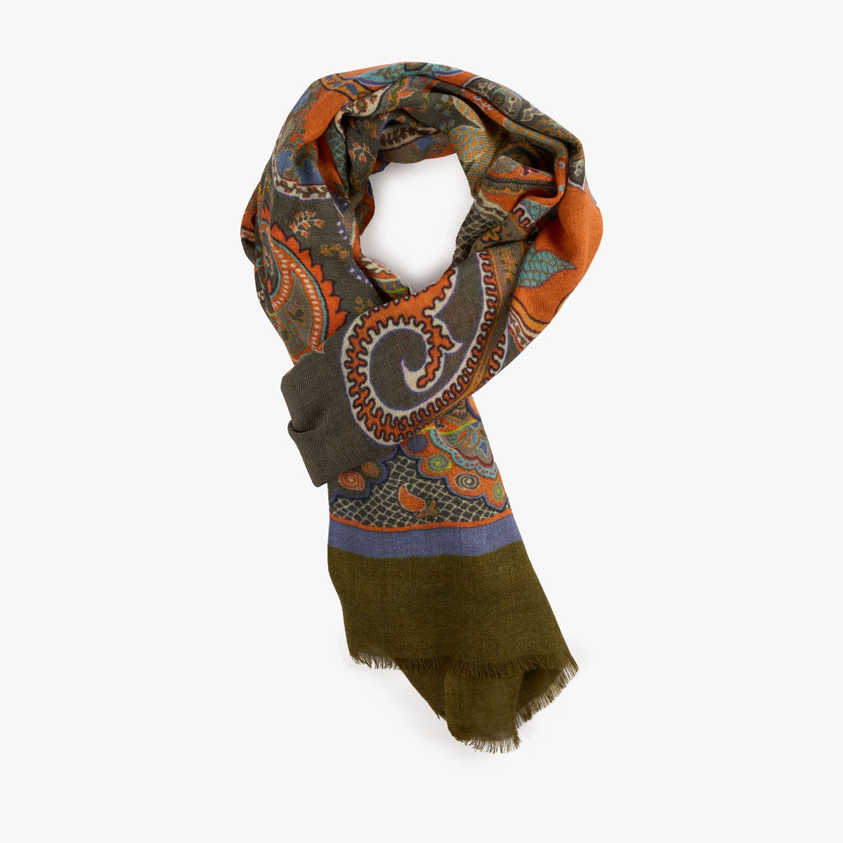 Schal in Grün und Orange mit Paisleymuster aus Wolle Bild 1