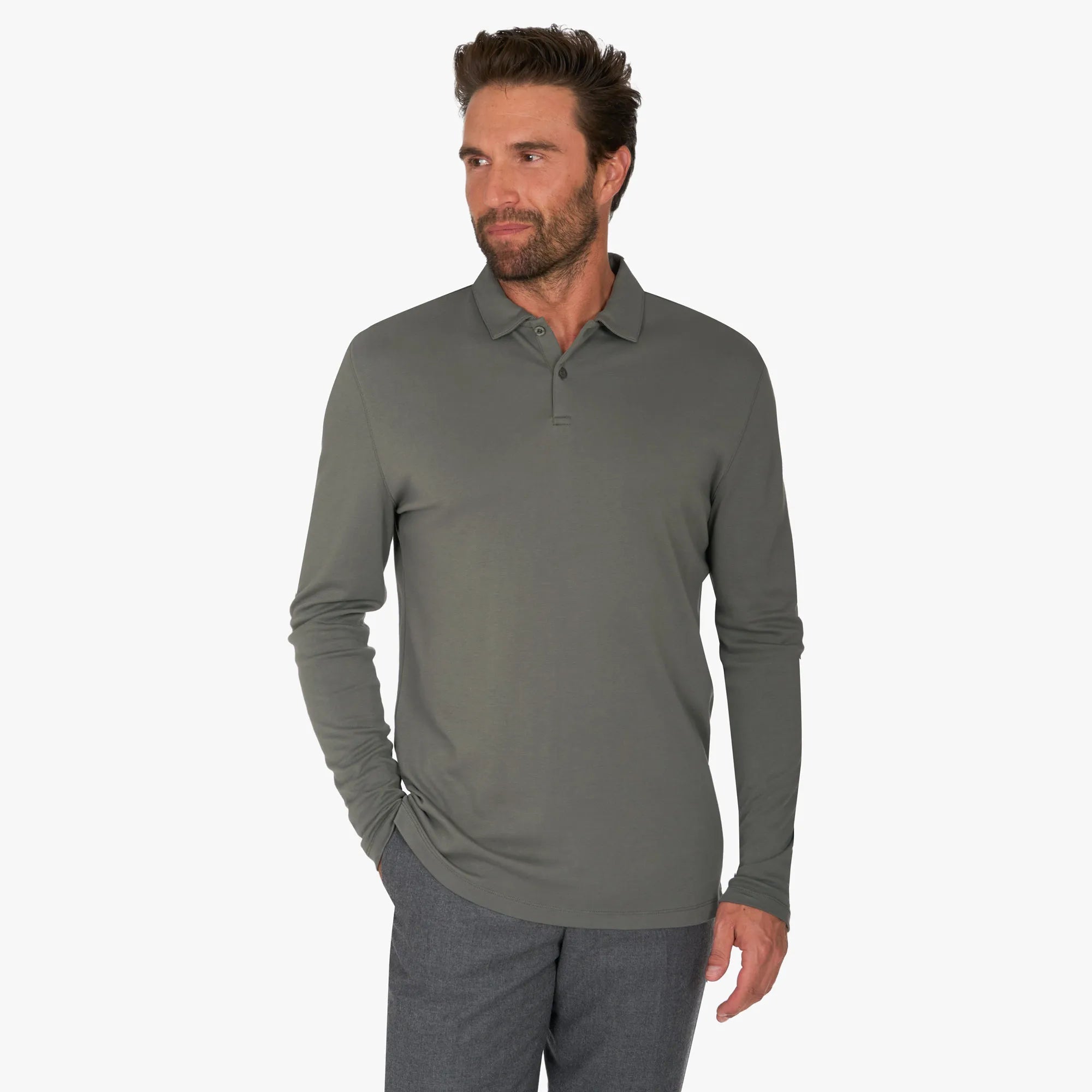 Langarm-Poloshirt aus Baumwolle und Modal in Olivgrün olive Bild 1
