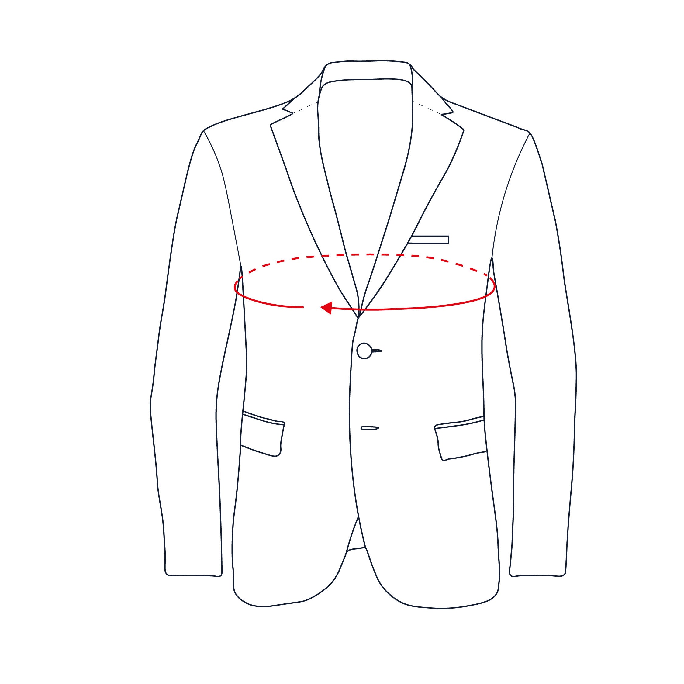 Skizze eines Herrenanzugs mit Maßlinien für Brustweite.