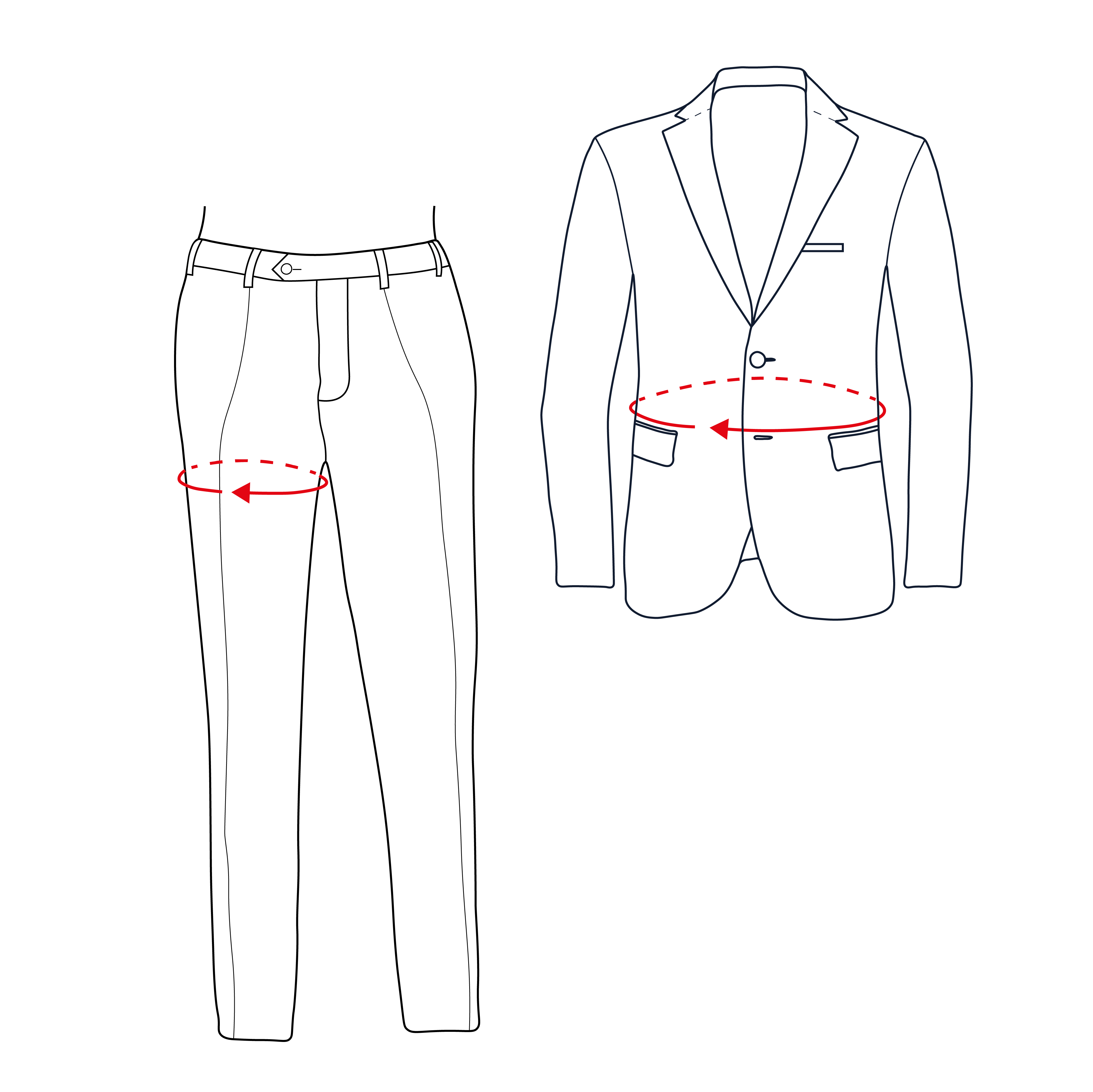 Sakko mit Maßanleitung und Pfeilen.