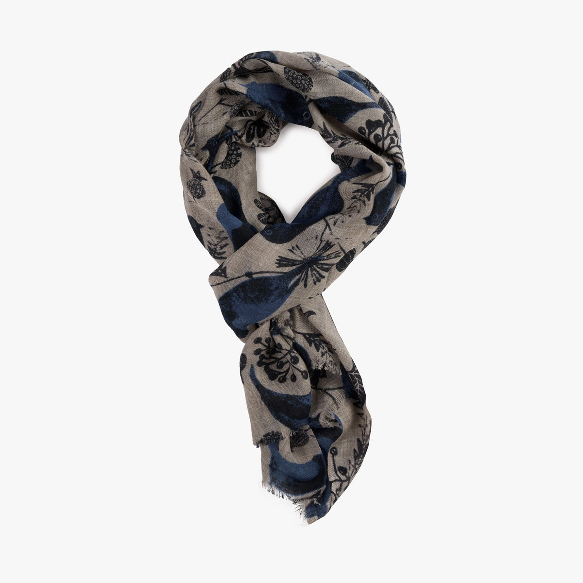 Schal mit Vogel-Motiv in Beige und Blau aus Wolle C21-PRT-30 COL:01 Bild 1