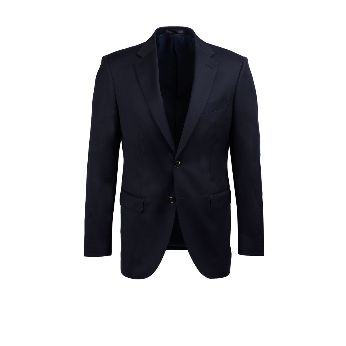 Dunkler Herrenanzug auf weißem Hintergrund.