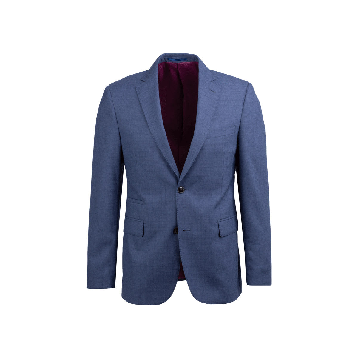 Blauer Anzug mit rotem Innenfutter.