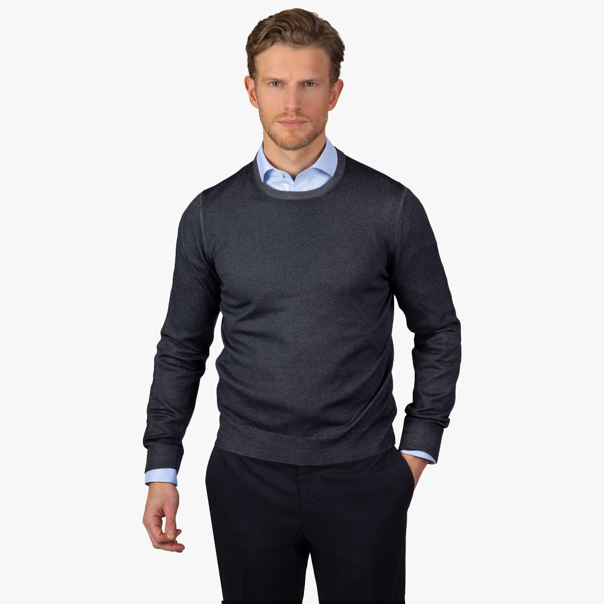 Rundhalspullover aus Merino-Feinstrick in vintage dunkelblau blaugrau - 989 Bild 1