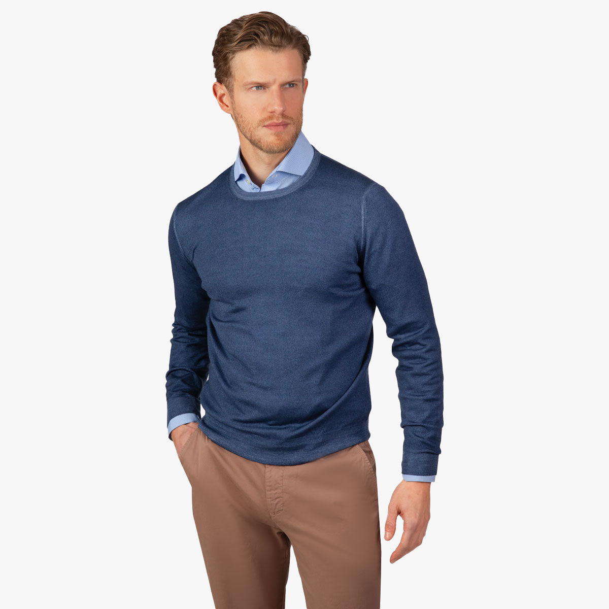 Rundhalspullover Merino-Feinstrick in vintage blau jeans - 706 Bild 1