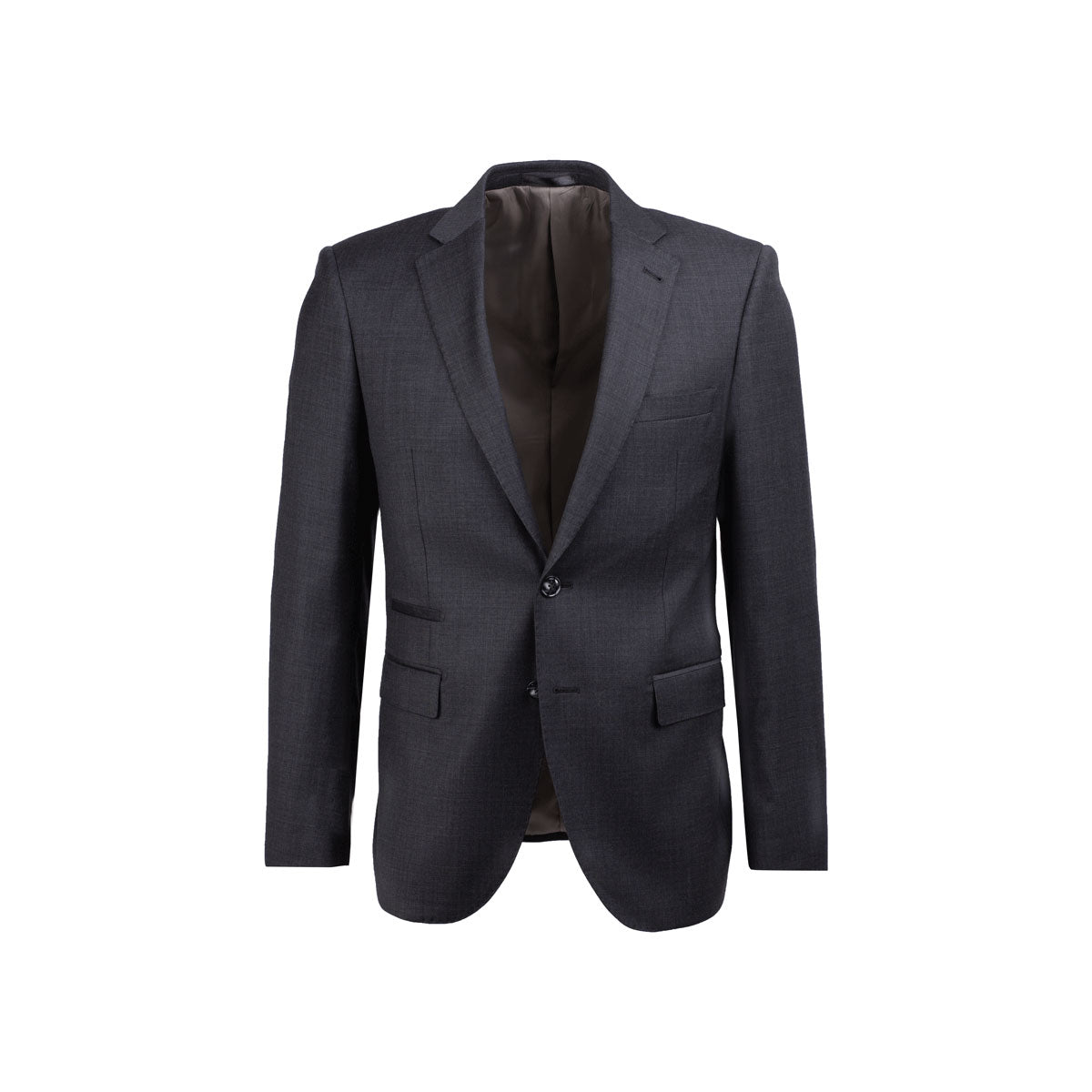 Dunkler Herrenanzug auf weißem Hintergrund.