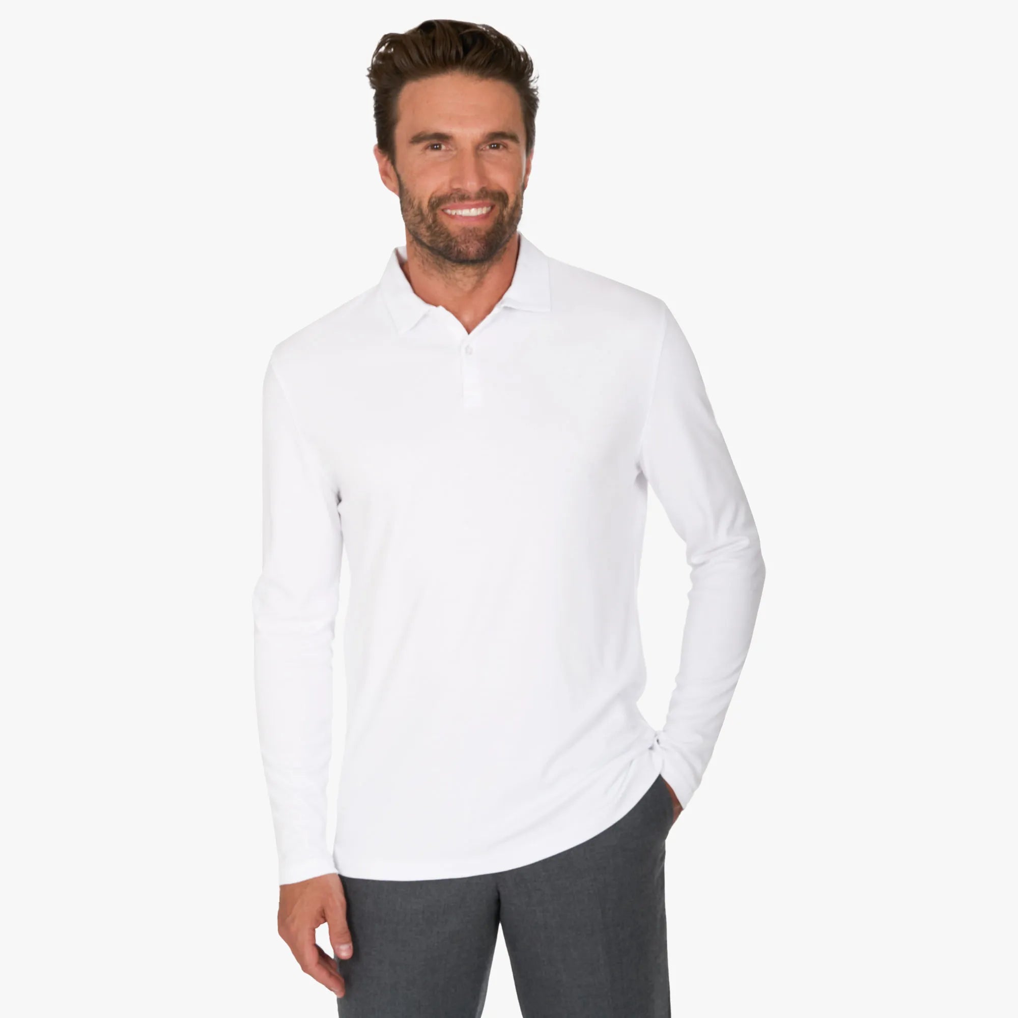 Langarm-Poloshirt aus Baumwolle und Modal in Weiß weiss Bild 1