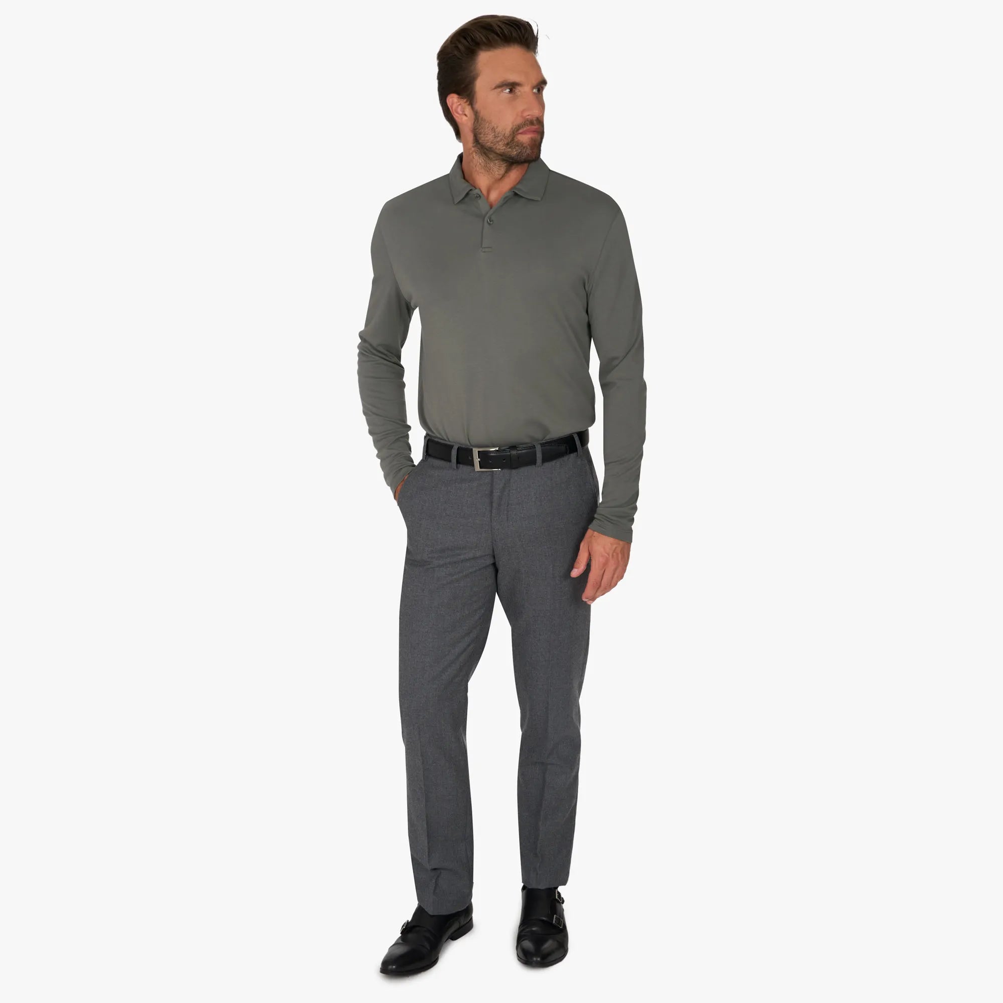 Langarm-Poloshirt aus Baumwolle und Modal in Olivgrün olive Bild 5