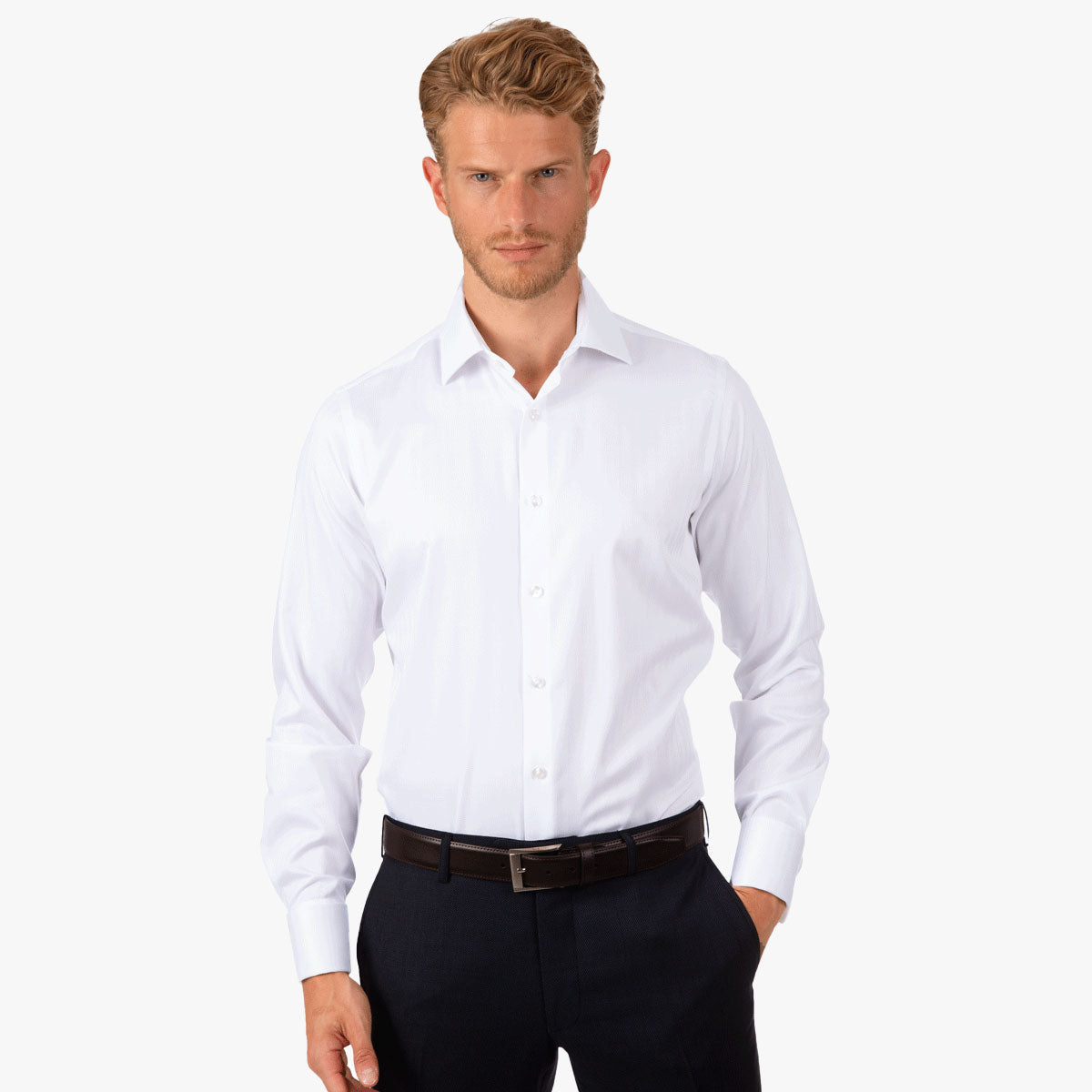 Slim Fit Hemd Fischgrat Umschlagmanschette weiß white Bild 1