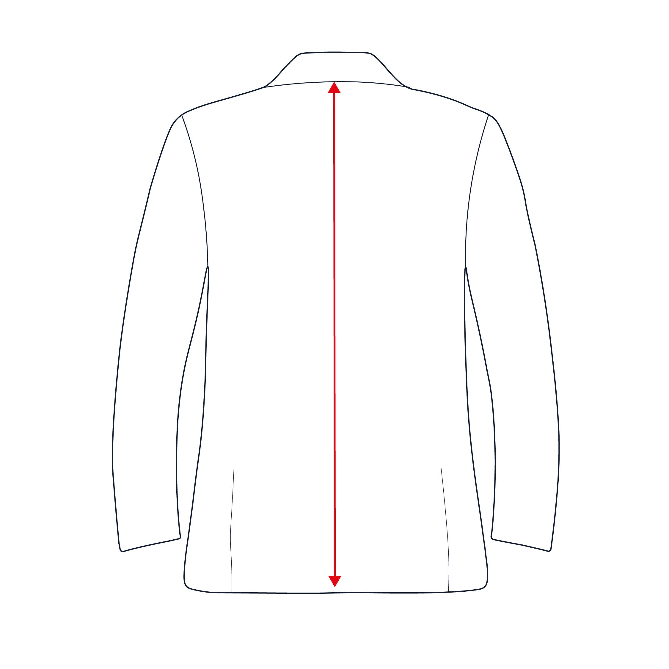 Rückansicht eines Herrenblazers mit rotem Maßpfeil.