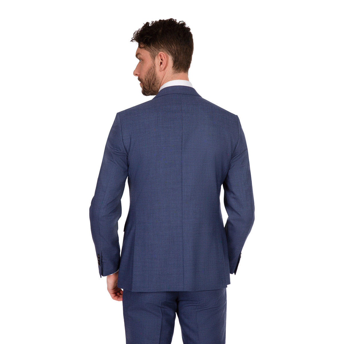 Mann im blauen Anzug rückwärts.