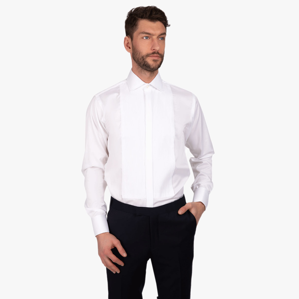 Elegantes Modern Fit Smokinghemd mit Latzeinsatz und Webstreifen