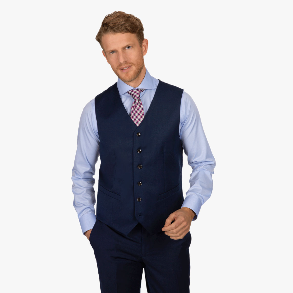 Blaue Weste mit V-Ausschnitt Klassische Weste mit V-Ausschnitt in blau