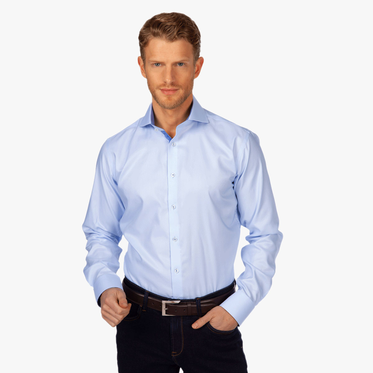 Modern Fit Hemd bügelleicht in hellblau mit Pinpoint-Struktur