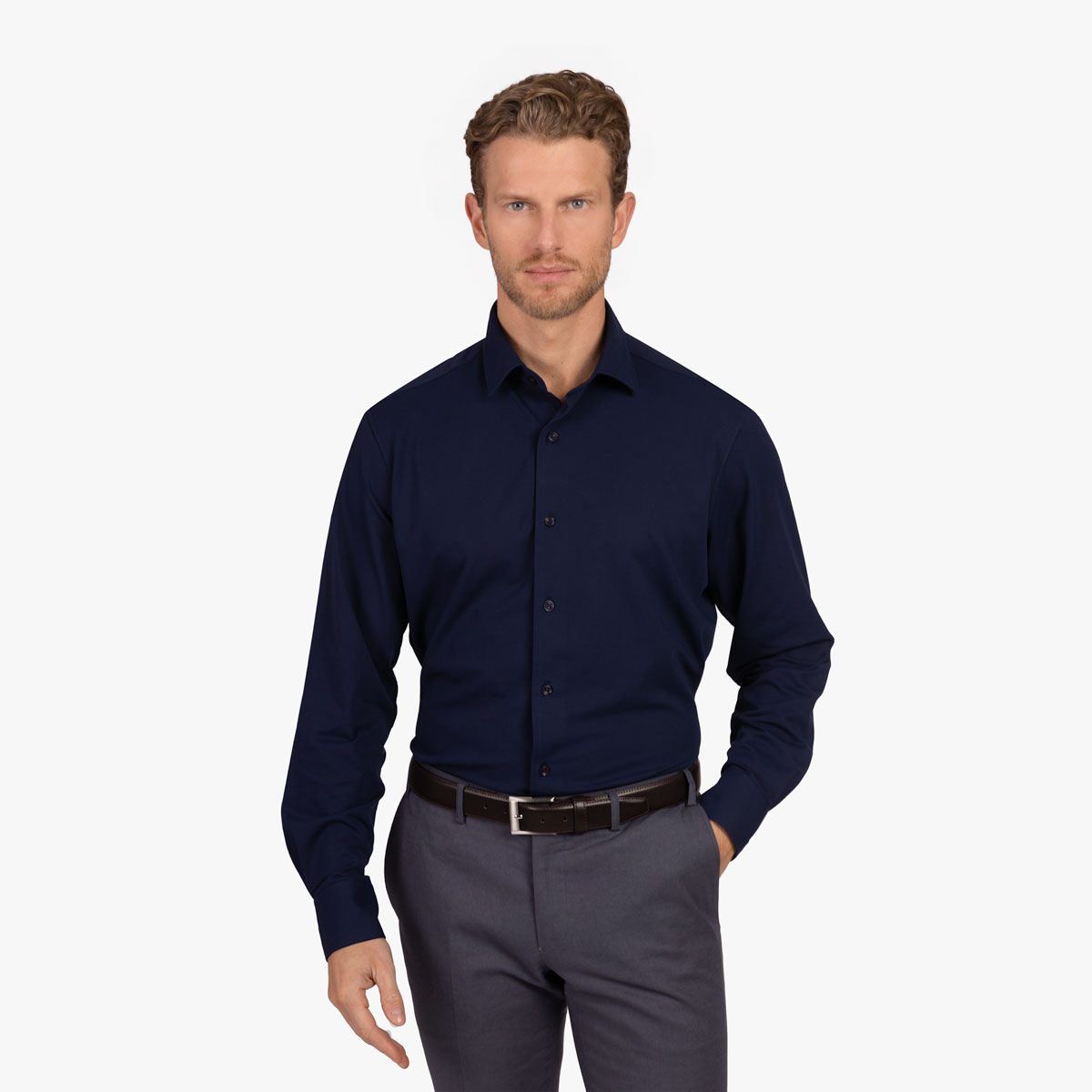 Modern Fit Hemd aus Jersey Stretch in dunkelblau