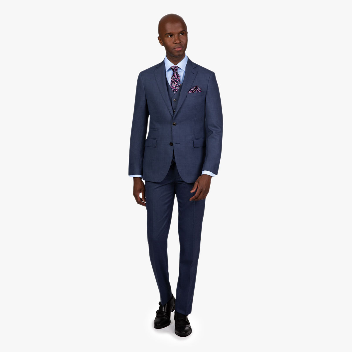 Eleganter Dreiteiler in blau meliert Stilvoller blau melierter Dreiteiler