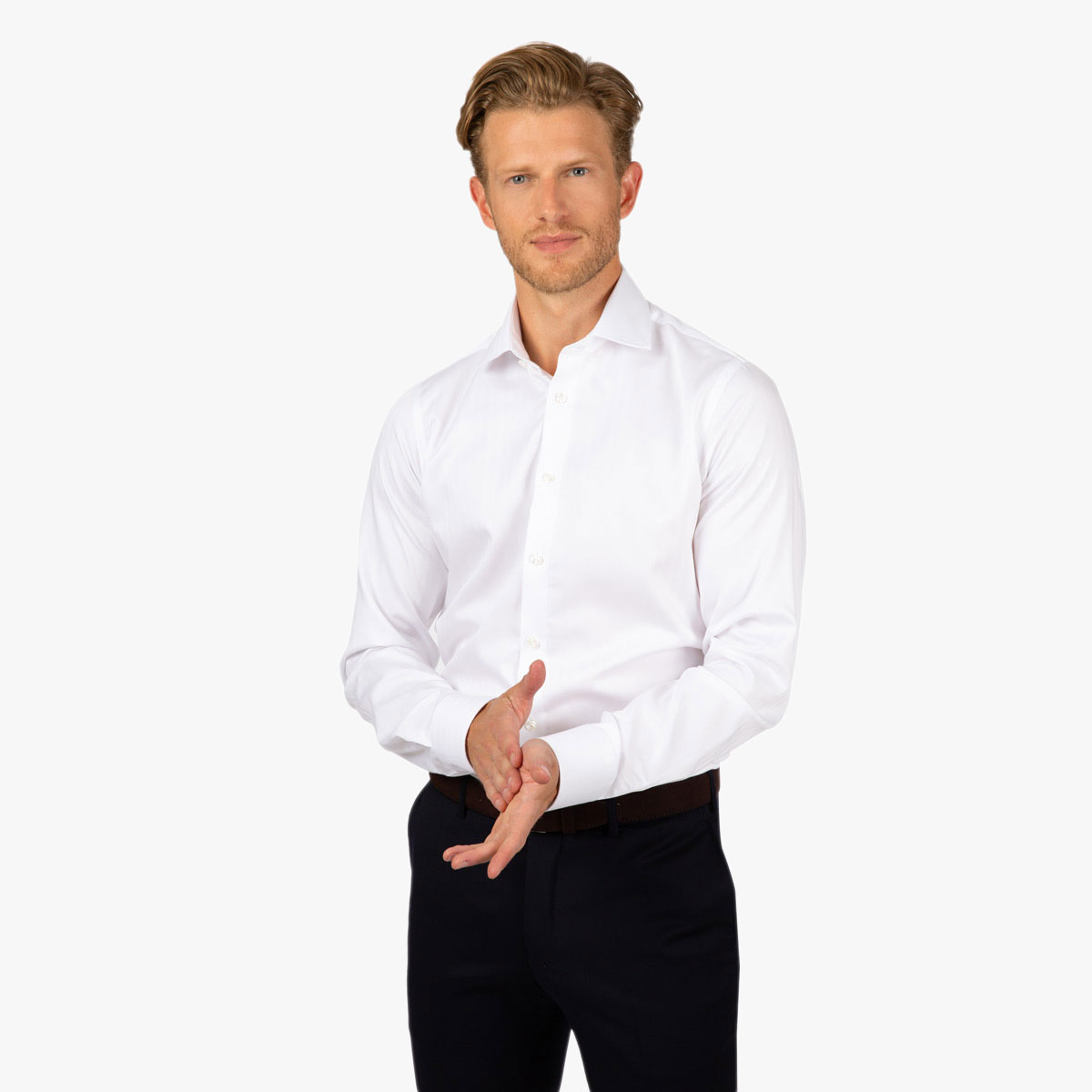 Weißes figurbetontes Hemd mit Fischgrat-Muster mit extra langem Arm und Rumpf Slim Fit Hemd mit Fischgrat in weiß mit extra langem Arm und Rumpf