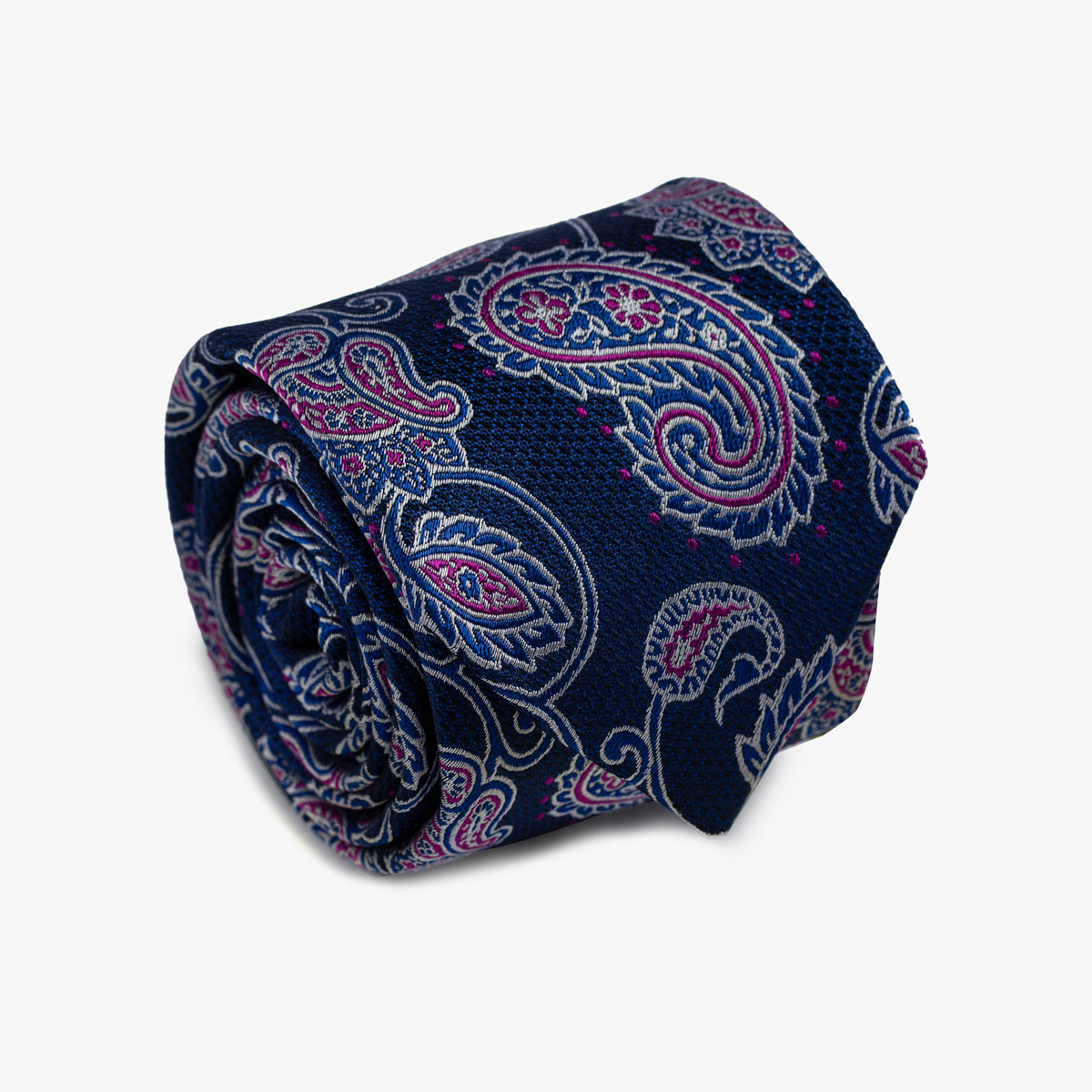 Aufgerollte Krawatte mit Paisley-Muster in blau und magenta
