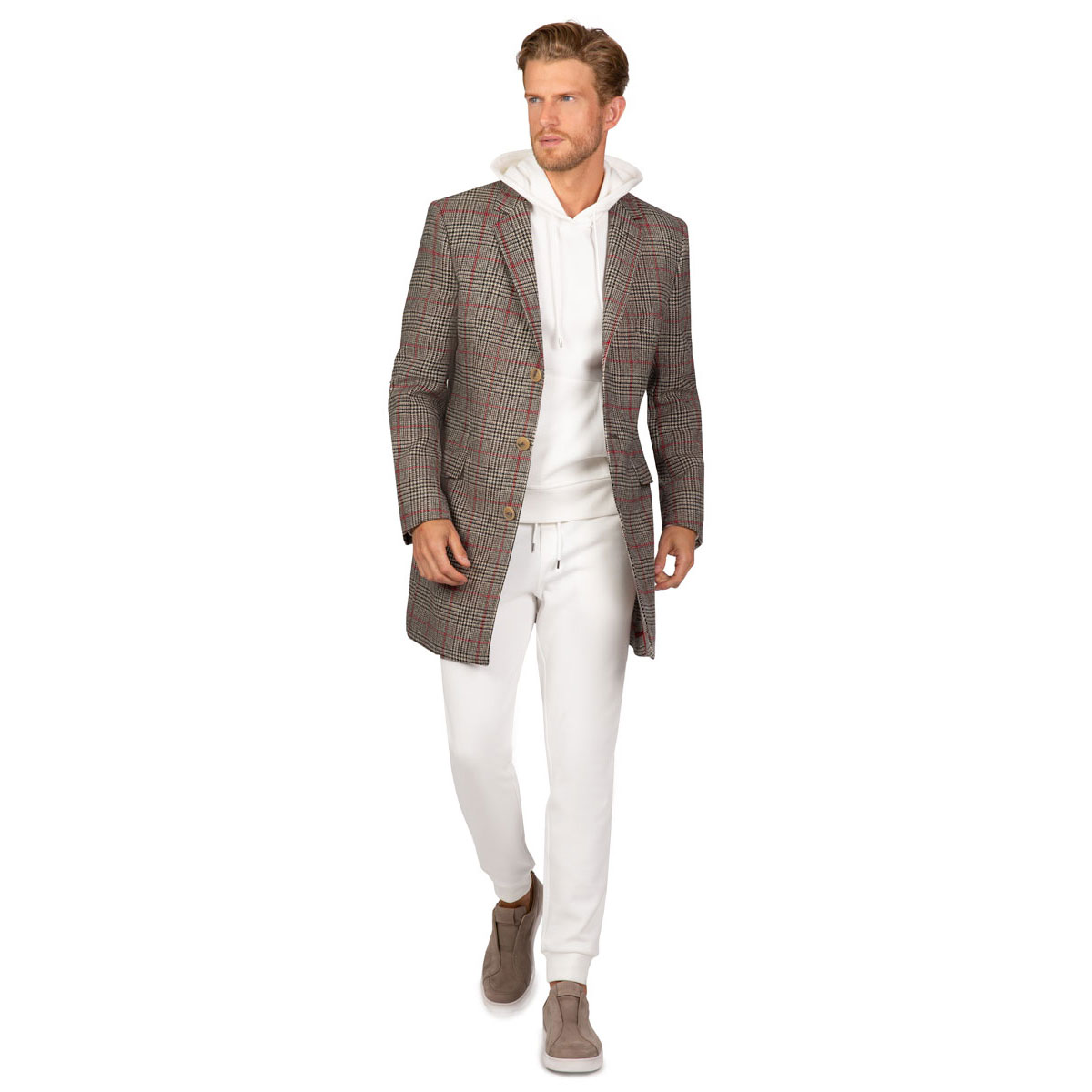 Lässiges Outfit mit Kurzmantel im Prince of Wales Check Design Lässiges Outfit mit Kurzmantel im Prince of Wales Check Design