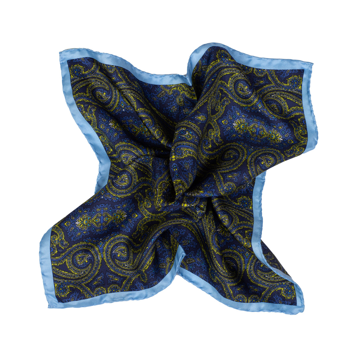 Gelegtes Einstecktuch aus Seidentwill mit Paisley-Muster in blau-gelb