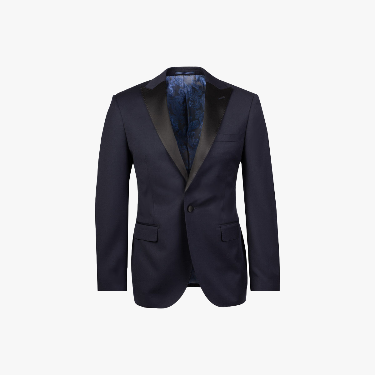 Smoking Sakko in dunkelblau mit schwarzem Revers aus Satin Dunkelblaues Smoking Sakko mit schwarzem Satin Revers