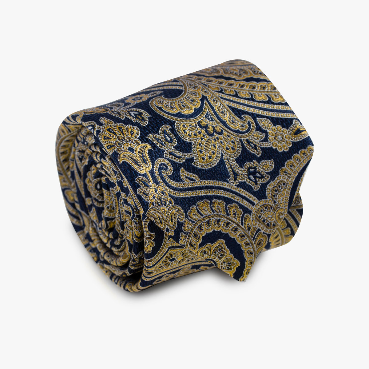 Aufgerollte Krawatte mit Paisley-Muster in dunkelblau und gold