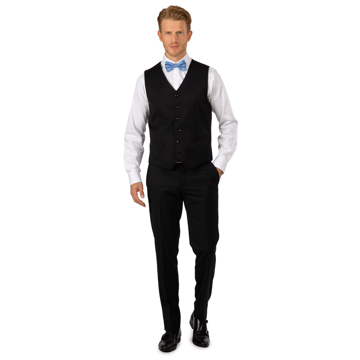 Elegantes Outfit für Herren mit passender schwarzer Weste Elegantes Herrenoutfit mit passender schwarzer Weste