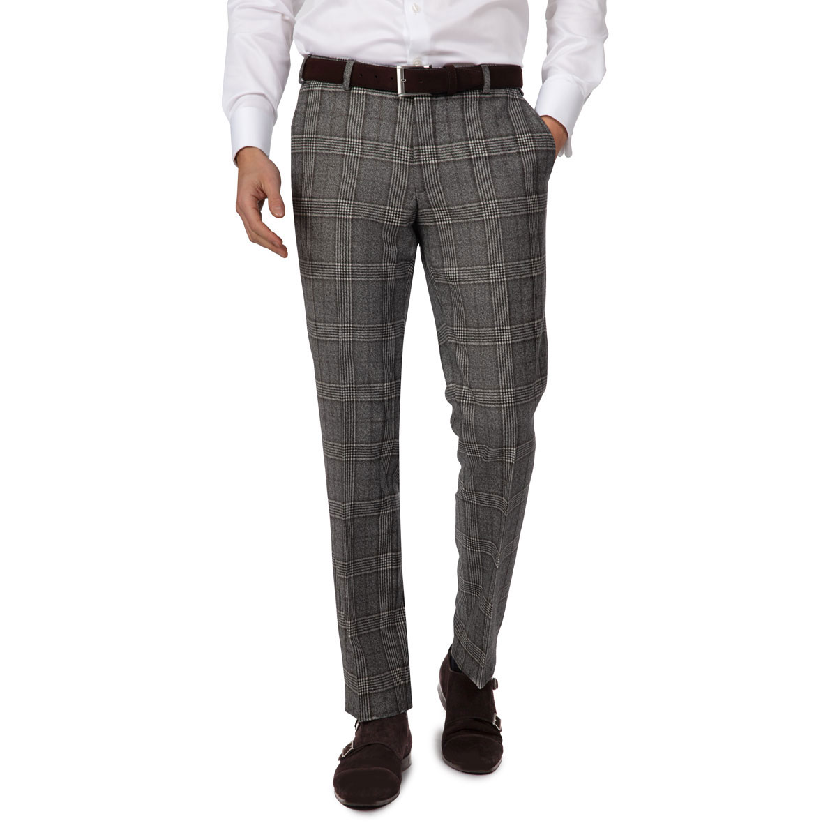 Anzughose ohne Bundfalte in grau und braun