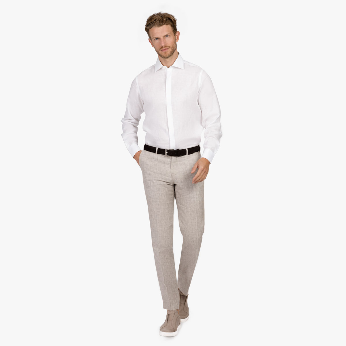 Slim Fit Hemd aus Leinen mit verdeckter Knopfleiste in weiß