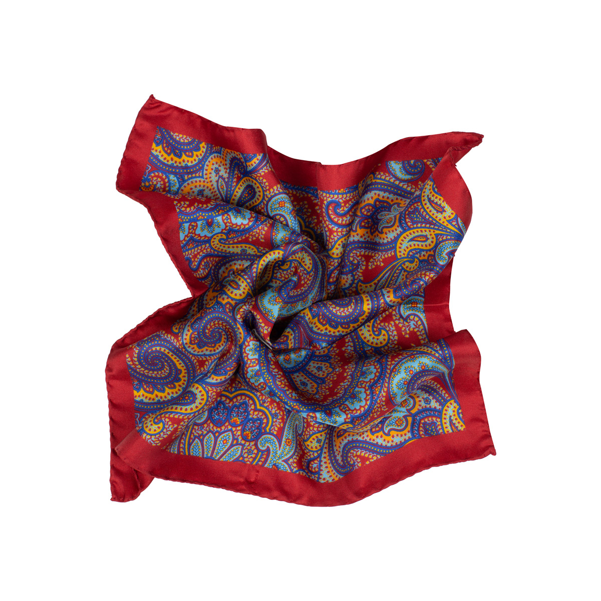 Gelegtes Einstecktuch aus Seidentwill mit Paisley-Muster in rot-bunt 