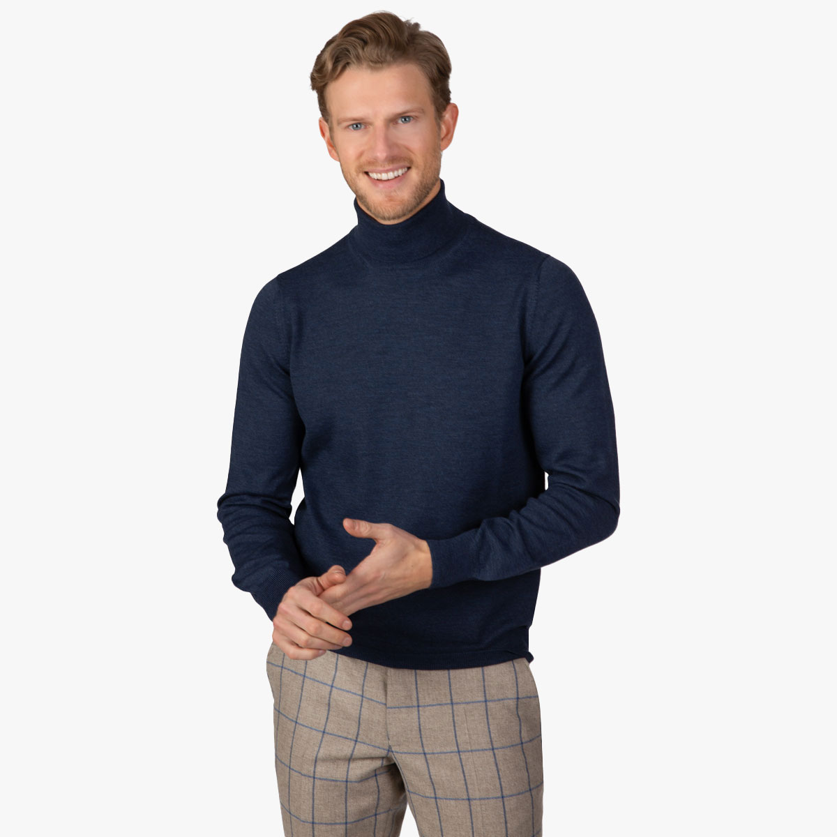 Blau melierter Rollkragenpullover aus Merinowolle Rollkragenpullover in blau meliert aus Merinowolle