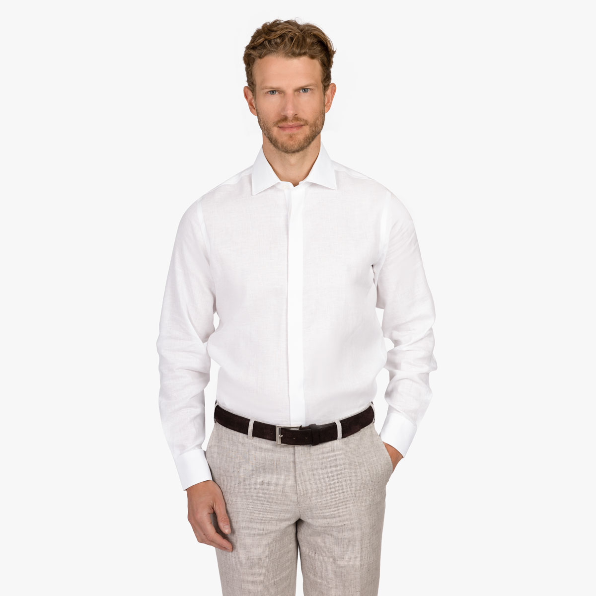 Slim Fit Hemd aus Leinen mit verdeckter Knopfleiste in weiß